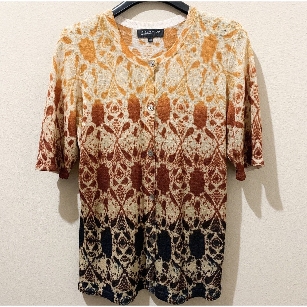 Jones New York Cardigan Womens Large Orange Ikat Short Sleeve Button Top EXCL